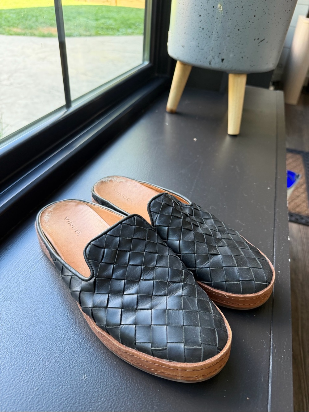 Vince Black Woven Leather Slip-On Mules with Brown Platform